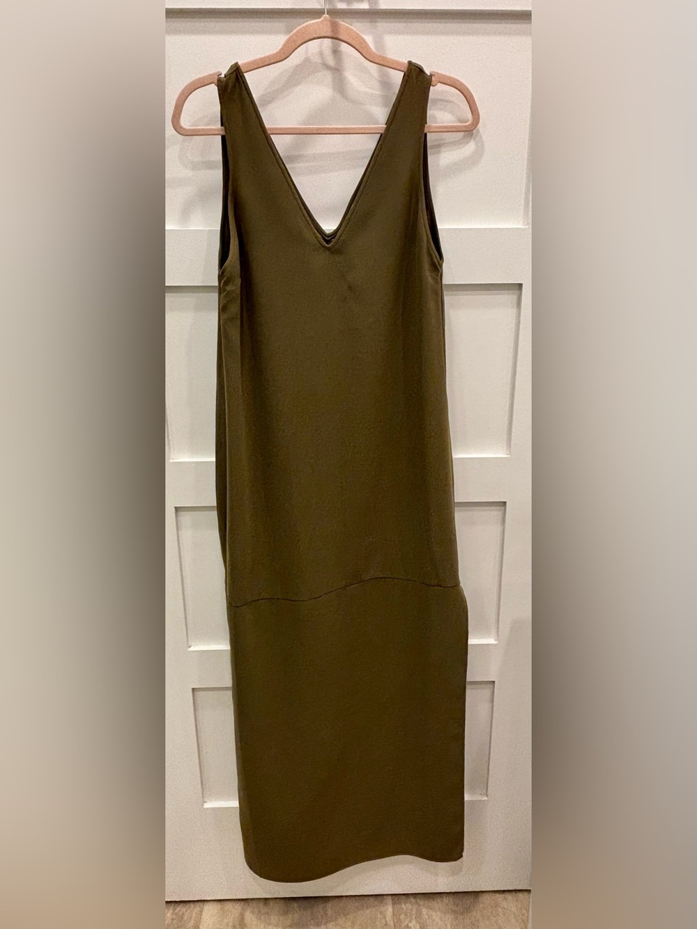 Leith Olive Green Deep V-Neck Maxi Dress Minimalist